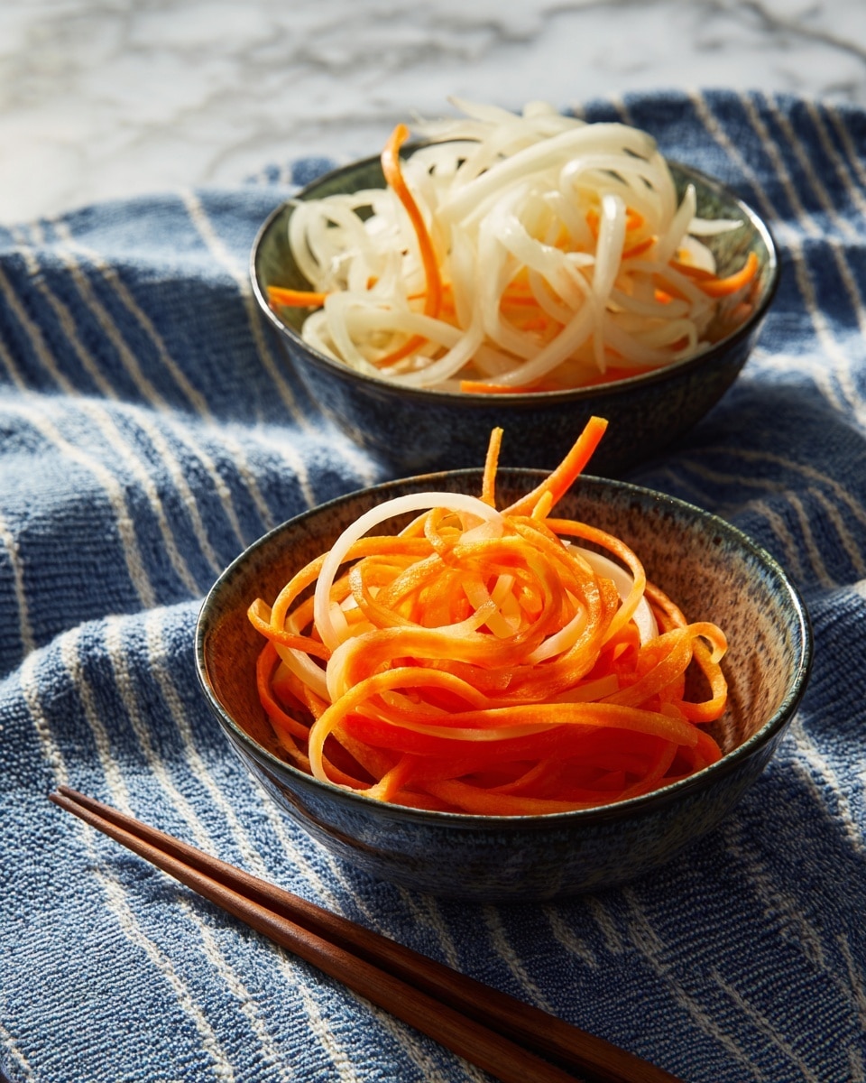 Two small dark bowls filled with thin strips of white and orange vegetables, likely pickled daikon and carrots, sit on a blue and white striped cloth with a white marbled texture underneath. The top bowl contains more curly, softer looking vegetable strips stacked loosely, while the bottom bowl has straighter, thicker slices arranged in a neat pile. A pair of brown wooden chopsticks lies next to the bowls on the cloth. The photo taken with an iphone --ar 4:5 --v 7