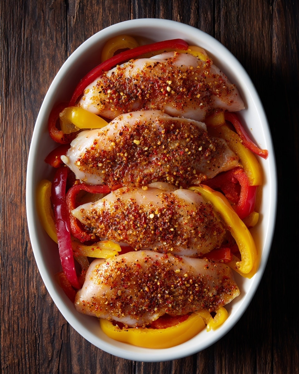 A white oval dish holds a layer of sliced yellow and red bell peppers at the bottom, bright and slightly curved. On top are four raw chicken pieces evenly spaced in a row, each covered with a reddish spice mix that looks finely ground. The chicken's smooth texture contrasts with the peppers underneath. The dish sits on a dark wooden surface, rich in texture but the background is changed to a white marbled texture. photo taken with an iphone --ar 4:5 --v 7