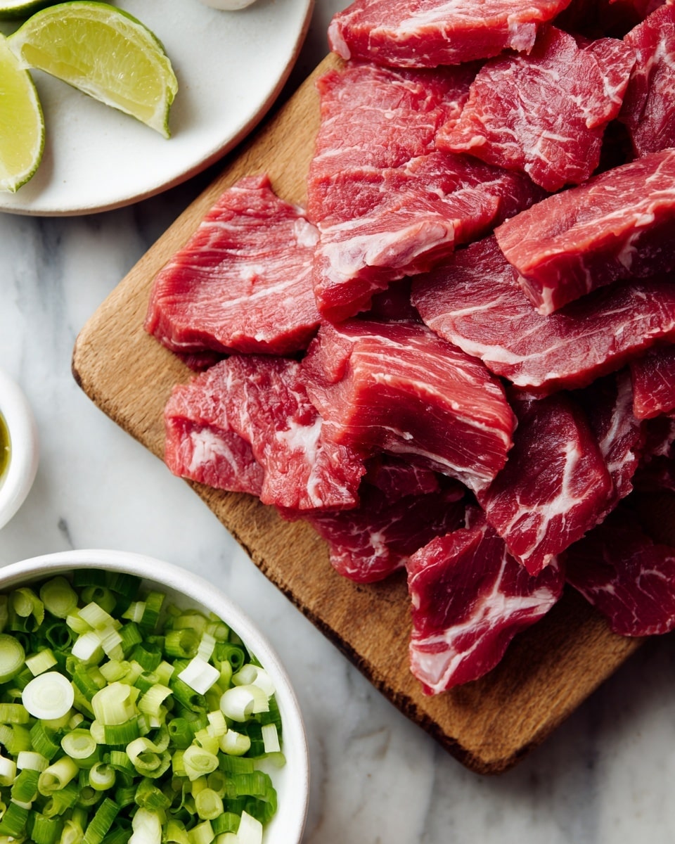 A close-up view of many thin slices of raw red meat with some white fat, piled up on a wooden surface in the center of the image. To the left side, there is a white bowl filled with chopped green onions, showing bright green and white colors. In the upper right corner, there is part of a round white plate holding small items like lime wedges and some sauce containers with a rough texture. The whole scene rests on a white marbled surface under warm natural light. photo taken with an iphone --ar 4:5 --v 7