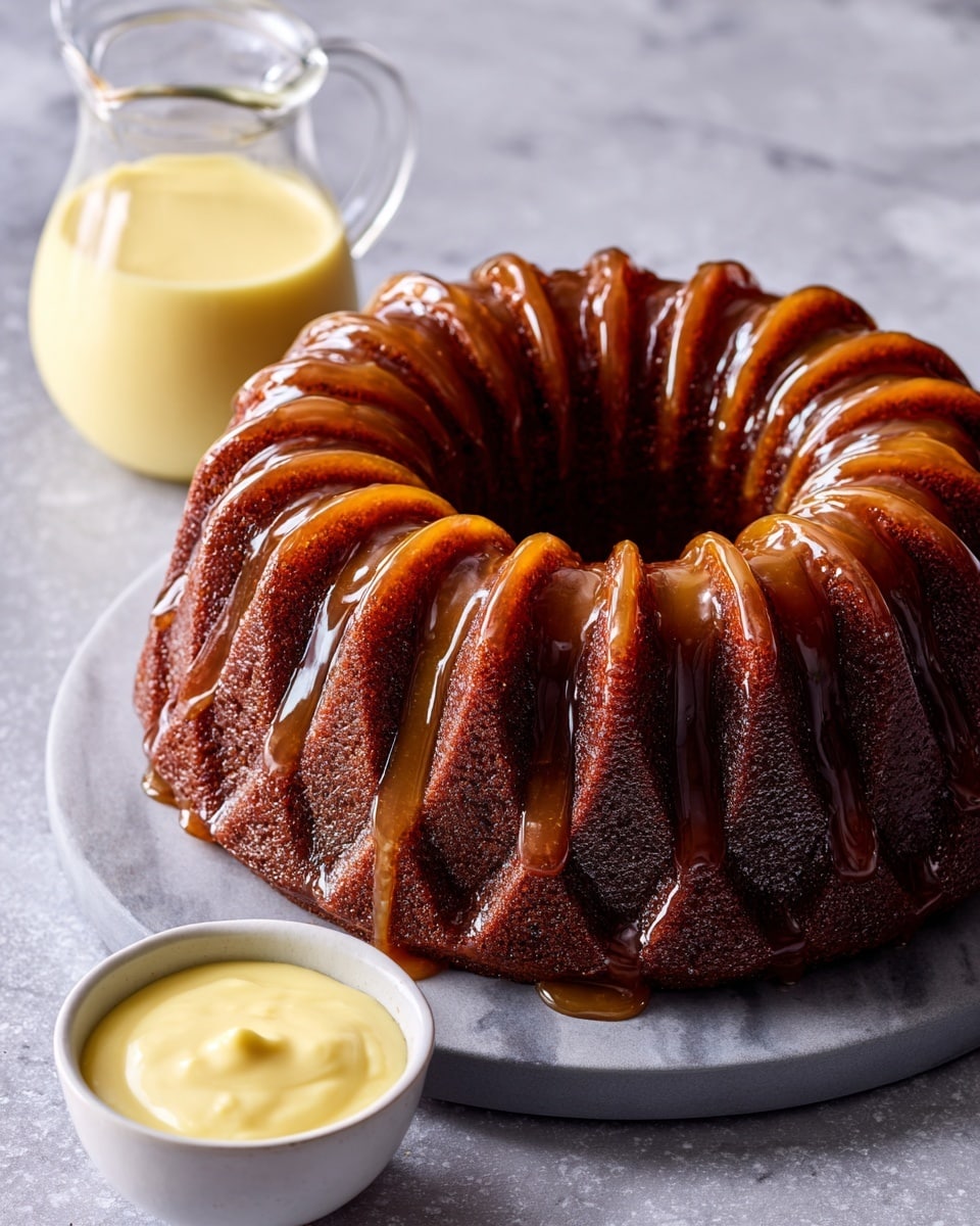 A dark grey bundt pan sits on a white marbled surface with a shiny layer of caramel covering the intricate ridged pattern inside the pan, showing deep golden brown and amber hues. Beside the pan, there is a small glass jug filled with creamy yellow custard and a white bowl with more pale yellow custard, both contrasting with the darker caramel. The lighting creates soft shadows and highlights on all items, giving a fresh and inviting look. photo taken with an iphone --ar 4:5 --v 7
