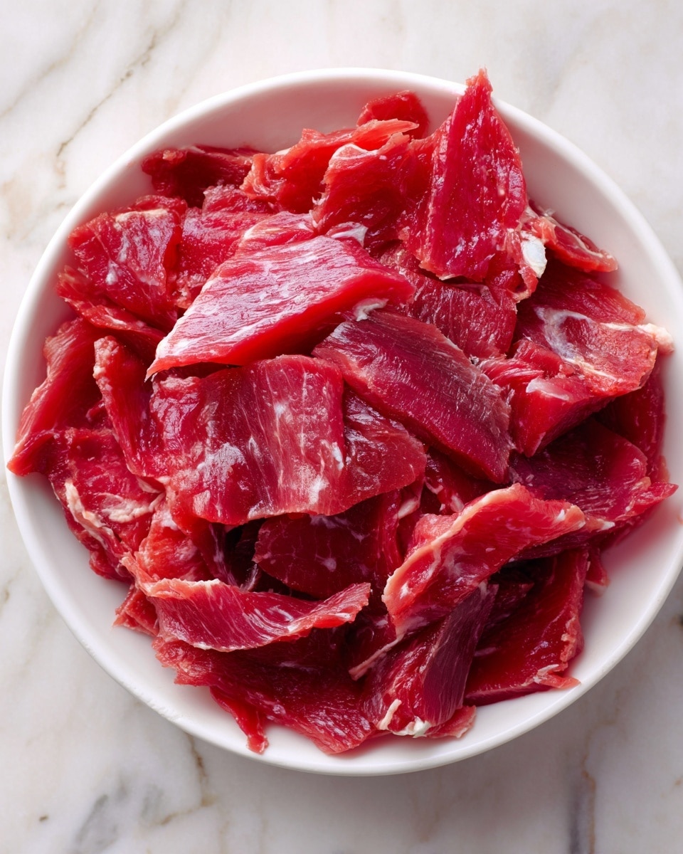 A white bowl filled with raw, thinly sliced red meat pieces placed on a white marbled surface. The meat layers show varying shades of red with some glistening spots, and the texture looks soft and moist. The meat is loosely piled in the bowl, showing different sizes and shapes of slices, giving a fresh and natural look. Photo taken with an iphone --ar 4:5 --v 7
