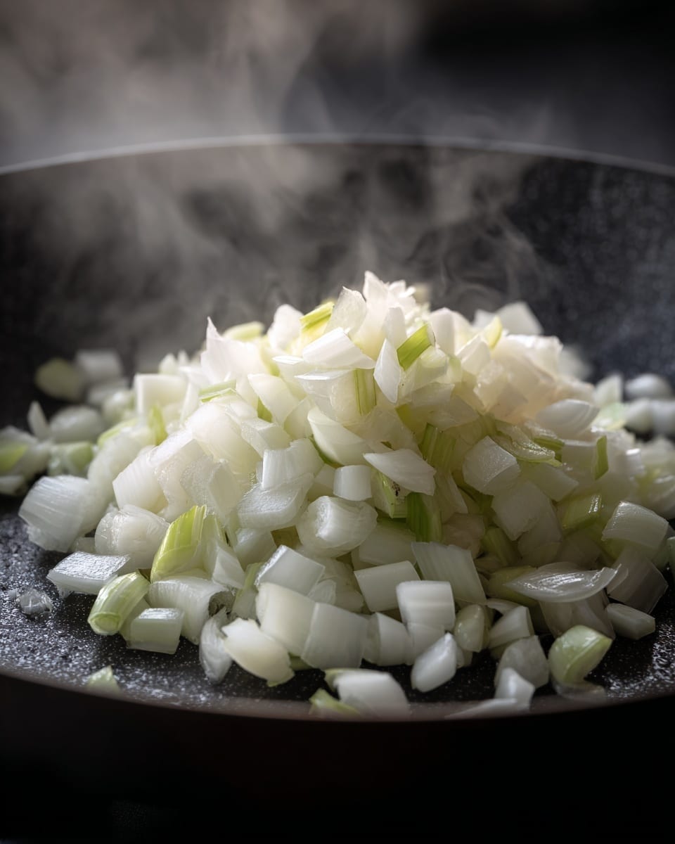 The image shows a close-up of a pile of chopped white onions in a dark round cooking pan. The onions are cut into medium-sized pieces with layers visible, some pieces showing a light green shade near the root. The onions form a small mound in the center of the pan, with steam rising lightly around them, giving the impression they are starting to cook. The dark texture of the pan contrasts with the bright white and pale green colors of the onions. The edges of the pan fade into the background with soft lighting focusing on the onions. photo taken with an iphone --ar 4:5 --v 7