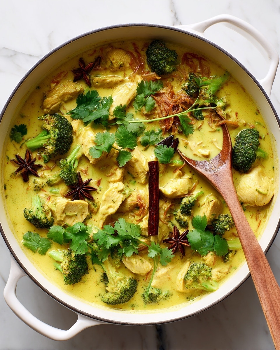 A close-up view of a pale blue pot filled with raw light pink slices of meat layered over a bed of small, translucent diced onions. In the pot, there is also a dark brown cinnamon stick resting on top of the onions beside the meat. A woman's hand is holding a wooden spoon stirring the meat, which has a smooth, shiny texture with visible folds. The pot is placed on a white marbled surface. Photo taken with an iphone --ar 4:5 --v 7