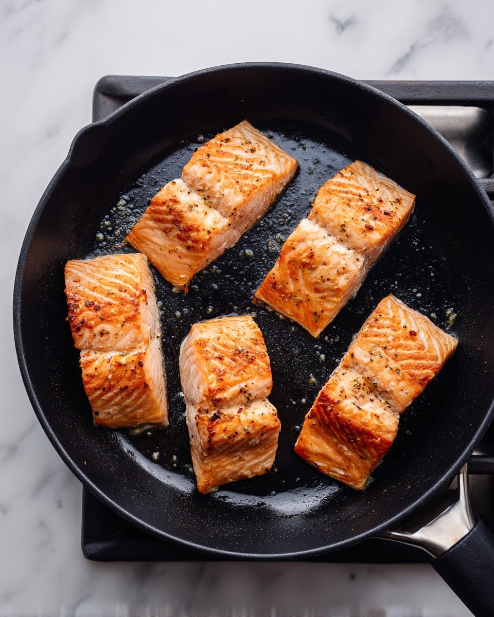 The image shows a black cast iron pan on a white marbled surface with four pieces of cooked salmon fillets. The salmon fillets have a light pink color with some browned, slightly crispy edges. The fillets are evenly spaced in the pan, showing a smooth texture on the top with visible seasoning, and the pan handle is partly visible at the top right. The pan sits on a white stove with black grates. photo taken with an iphone --ar 4:5 --v 7