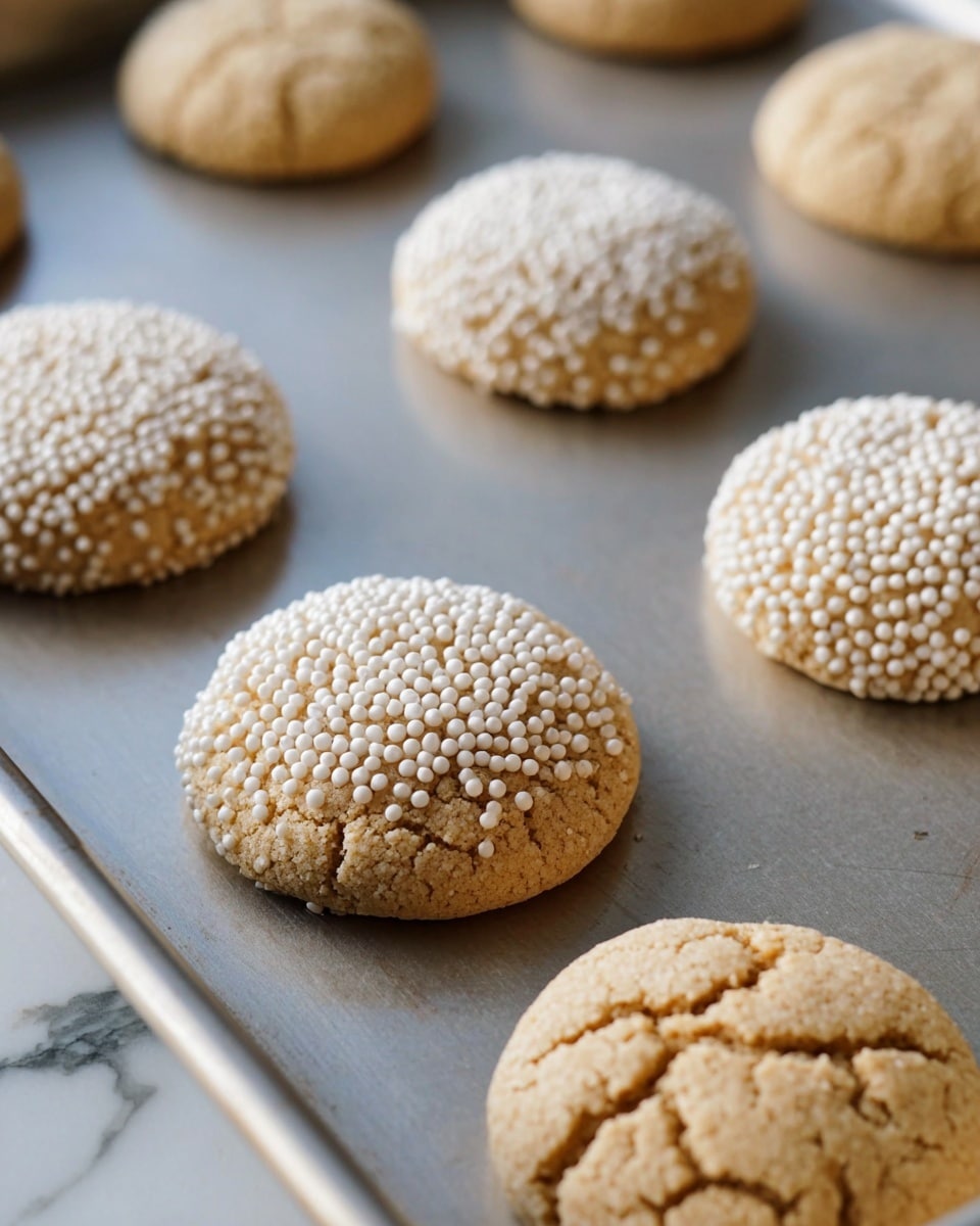 There are six round cookies on a metal baking tray with a white marbled surface underneath. Three of the cookies are covered with small white round sprinkles, giving them a bumpy texture, while the other three have a cracked, rough surface with no sprinkles. The cookies are light brown in color and look soft and slightly cracked on top. The focus is sharp on the cookies in the center and the background is slightly blurred. photo taken with an iphone --ar 4:5 --v 7