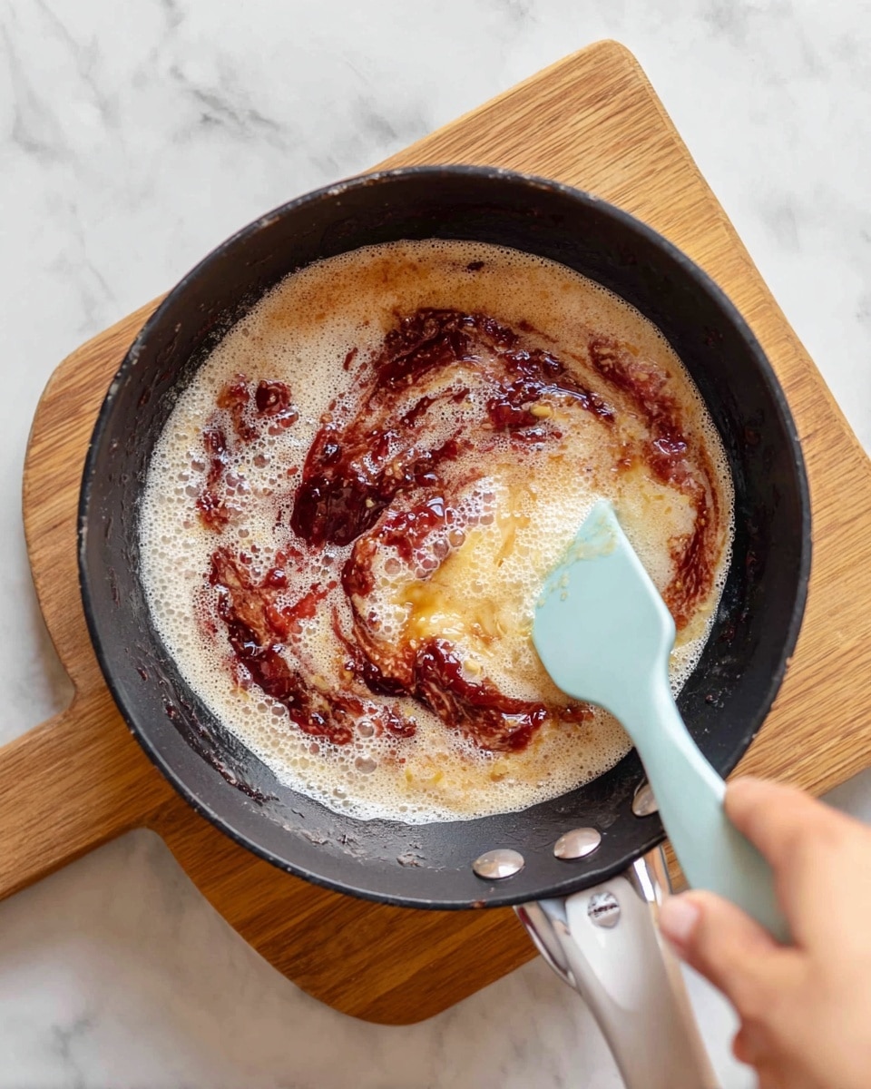 A close-up view of a black pan with a light gray handle sitting on a wooden board over a white marbled surface, showing a creamy light brown sauce bubbling and mixing with dark red swirls of jam-like texture, and some light yellow chunks. A woman's hand is holding a light blue spatula gently stirring the mixture inside the pan. The sauce looks thick and foamy with a shiny texture around the edges. photo taken with an iphone --ar 4:5 --v 7