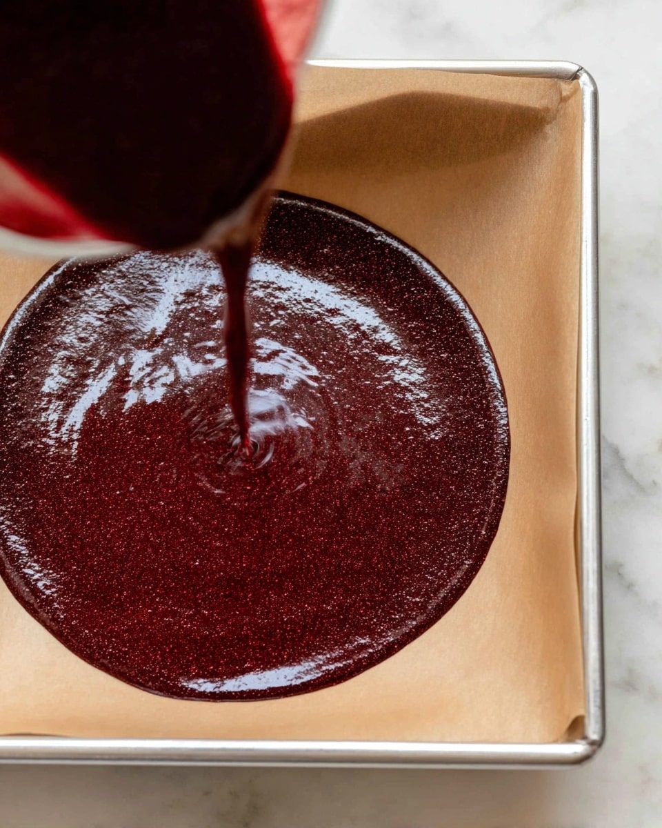 The image shows a single deep red, shiny liquid layer being poured into a baking pan lined with light brown parchment paper. The liquid has a smooth, glossy texture and spreads into a circle, filling the pan evenly. The baking pan is metal with silver edges, sitting on a white marbled surface. Photo taken with an iphone --ar 4:5 --v 7