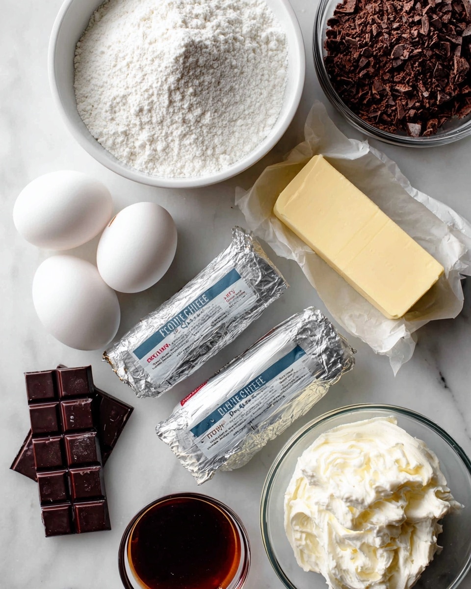 The image shows several baking ingredients arranged on a white marbled surface. There is a white bowl filled with white powdered sugar near the top left, a white bowl with white flour powder below it, and a stick of pale yellow unsalted butter wrapped in paper placed horizontally near the center-right. Four white eggs are lined up on the left side. To the right of the butter, there are two wrapped packages of cream cheese with silver and blue foil. A dark brown chocolate bar is partially unwrapped near the bottom center, beside a small round container filled with dark brown liquid, likely vanilla extract. A glass container filled with white whipped cream or frosting is at the bottom right. Above the butter is a glass bowl filled with small pieces of deep brown, almost black, cocoa powder. Photo taken with an iphone --ar 4:5 --v 7