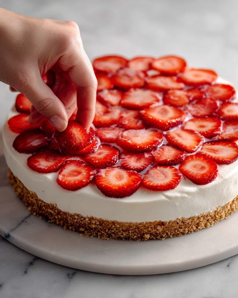 A round dessert with three visible layers is shown: the bottom layer is a golden-brown crumb crust that looks crunchy, the middle layer is a thick, smooth white cream spread evenly on top of the crust, and the top layer is made up of bright red, thinly sliced strawberries arranged closely in circles covering the cream. A woman's hand is gently placing one strawberry slice on the cream, adding the final touches. The dessert sits on a white marbled surface. photo taken with an iphone --ar 4:5 --v 7