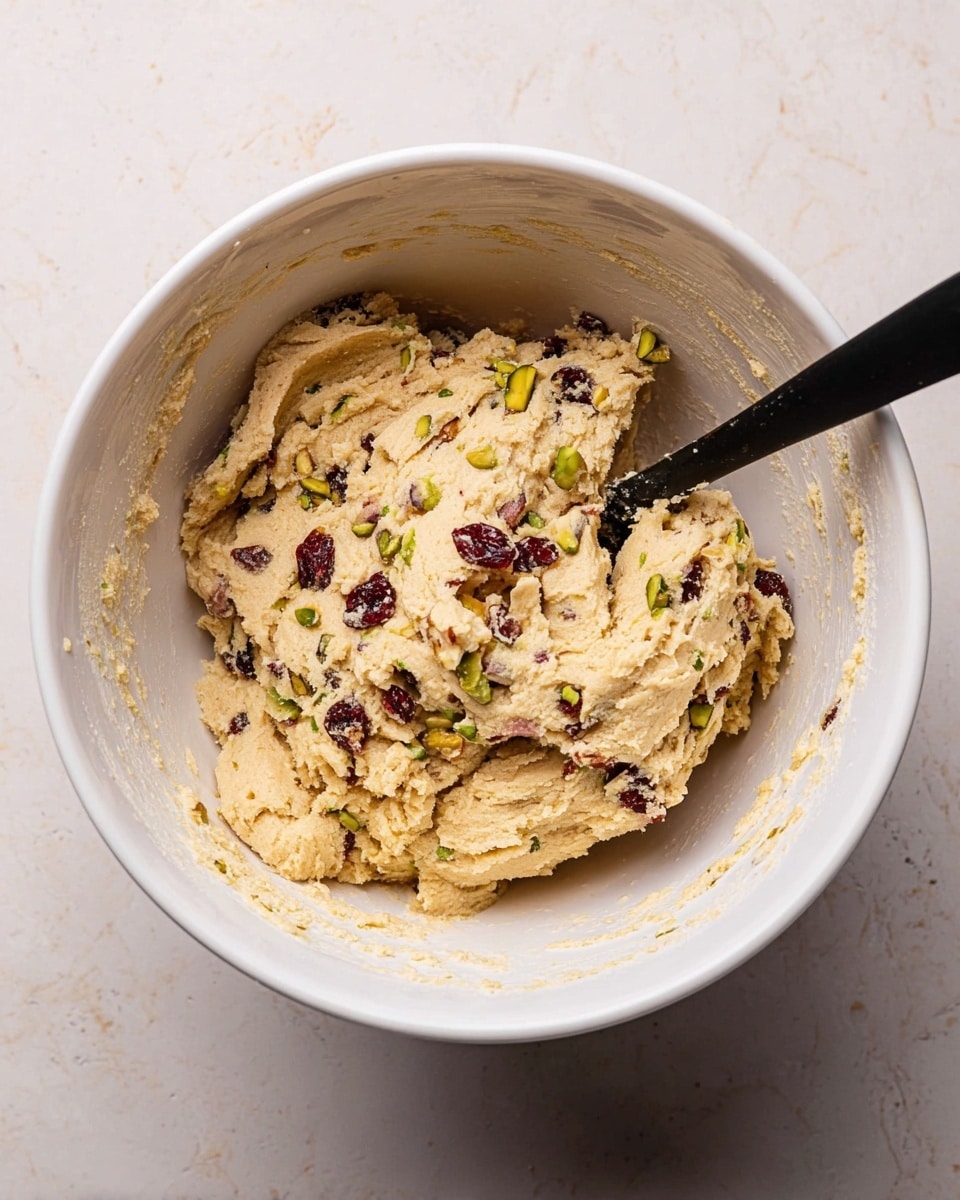 A white mixing bowl filled with thick, light beige cookie dough that has small pieces of green pistachios and dark red dried cranberries mixed in. A black spoon is partly buried in the dough on the right side of the bowl. The bowl is placed on a white marbled surface. The dough texture looks soft and slightly chunky with visible nuts and fruit pieces photo taken with an iphone --ar 4:5 --v 7