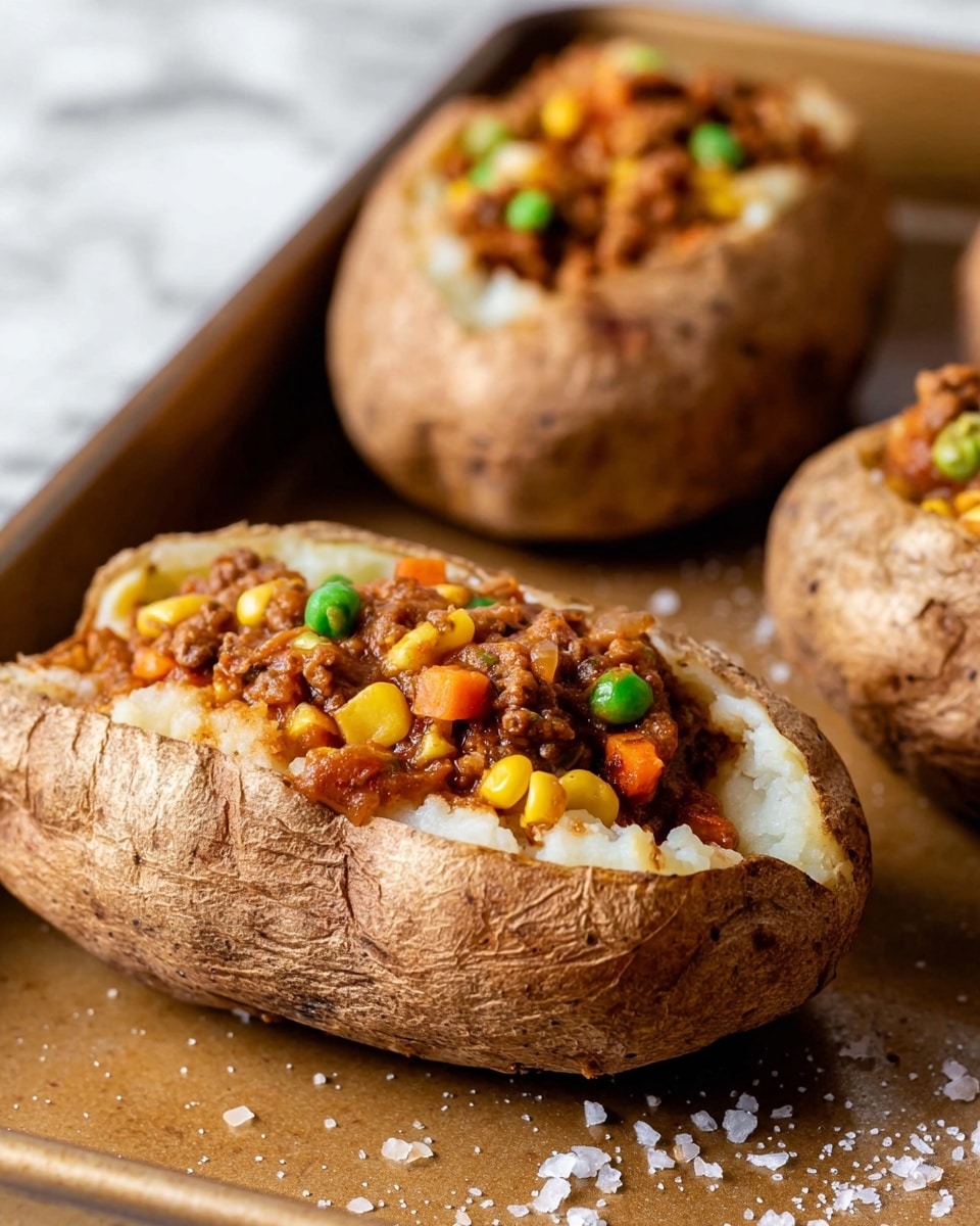 The image shows three baked potatoes with a rough brown skin, each sliced open on top to reveal a filling inside. The filling has two visible layers: the bottom layer is soft, white potato flesh, and the top layer is a chunky, saucy mix of brown ground meat with bits of green peas, yellow corn, and orange carrot pieces scattered throughout. The potatoes sit on a light brown baking tray with some salt grains scattered around. The background is a white marbled texture. photo taken with an iphone --ar 4:5 --v 7