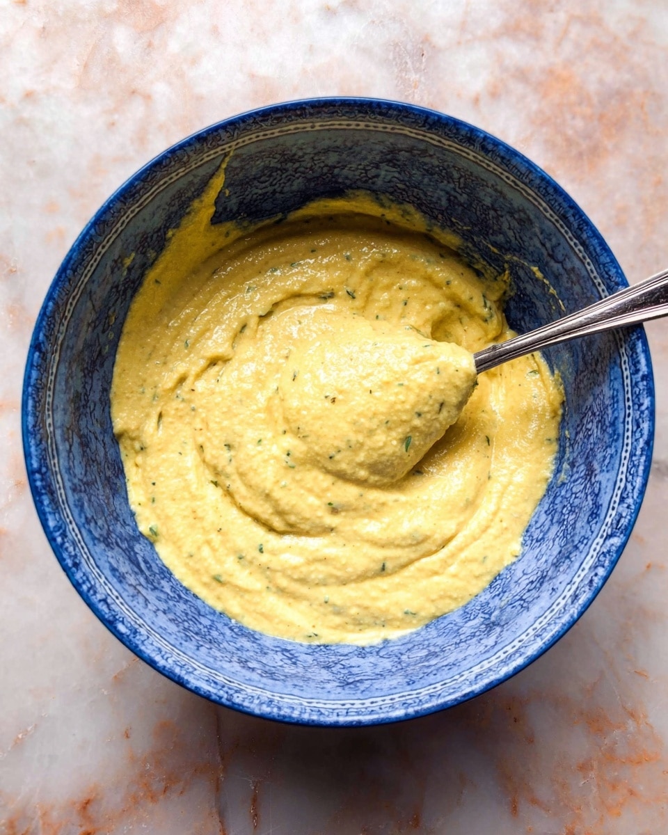 A blue and white bowl filled with a thick, creamy yellow mixture that has a slightly rough texture with small green herb specks. A silver spoon inside the bowl lifts some of the mixture, showing its dense, smooth consistency. The bowl sits on a white marbled surface. photo taken with an iphone --ar 4:5 --v 7