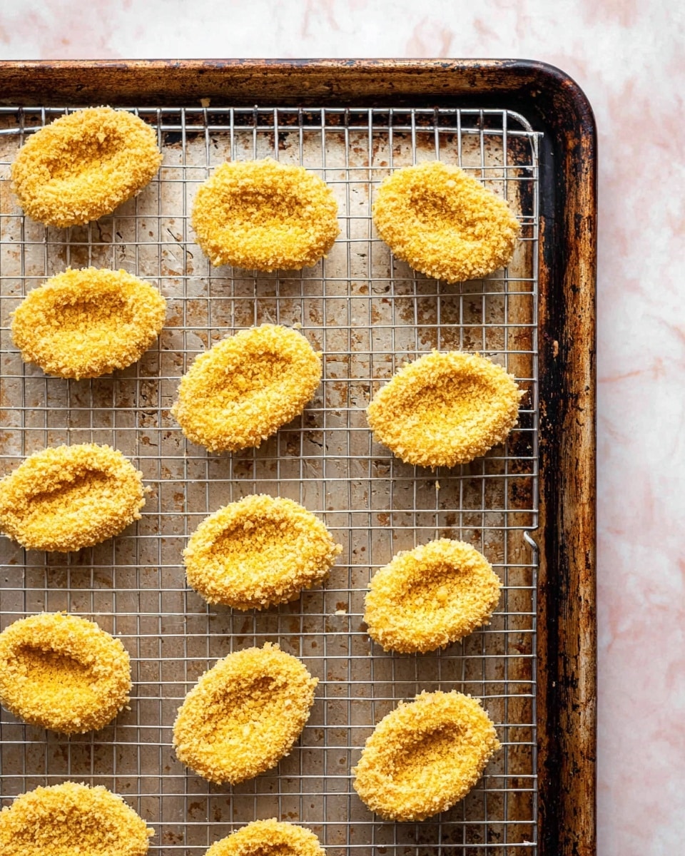The image shows a baking tray holding a metal wire rack with two rows of small, round food pieces evenly spaced on top. Each piece has an oval shape with a shallow hollow center and is covered in a bright, golden-yellow crumb coating that looks crunchy and textured. The wire rack sits on a white marbled surface, and the tray's edges are dark with signs of use, showing a contrast between the light crumbs and the darker tray. photo taken with an iphone --ar 4:5 --v 7