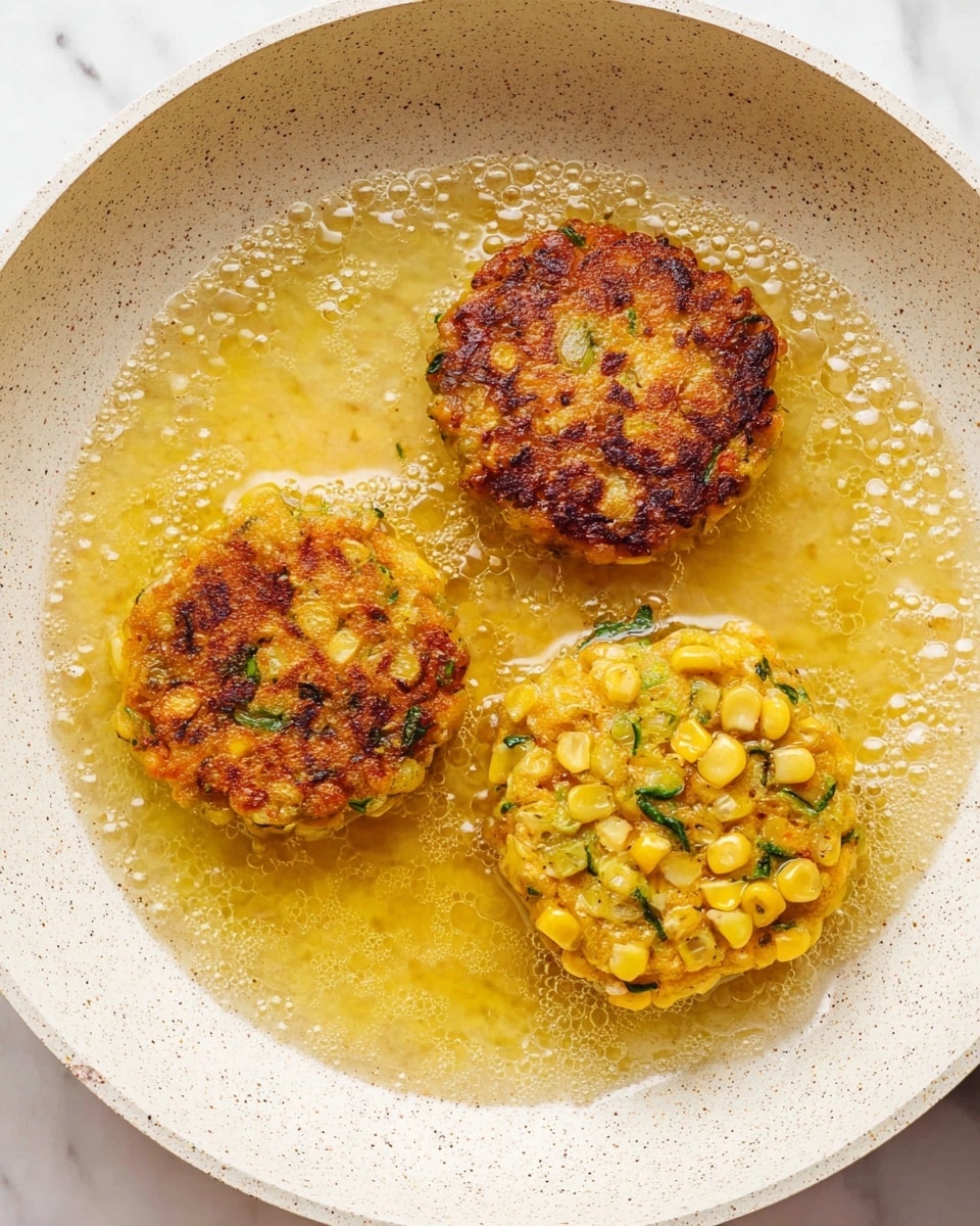 The image shows three fried corn patties cooking in a white speckled pan filled with bubbling golden oil. Each patty is round and thick, with visible whole corn kernels and thin green strips mixed into the light yellow batter. Two patties are browned and crispy on the outside, showing darker golden spots and a rough uneven texture, while the third patty looks fresher with a softer, paler yellow surface and more visible corn kernels on top. The pan is set on a white marbled surface. photo taken with an iphone --ar 4:5 --v 7