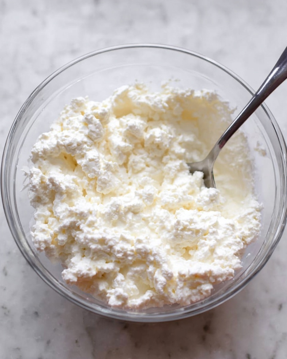 The image shows one clear glass bowl with thick white cottage cheese inside, having a rough and lumpy texture. There is a silver spoon resting inside the bowl on the right side, slightly covered with the cottage cheese. The bowl is placed on a white marbled surface. photo taken with an iphone --ar 4:5 --v 7