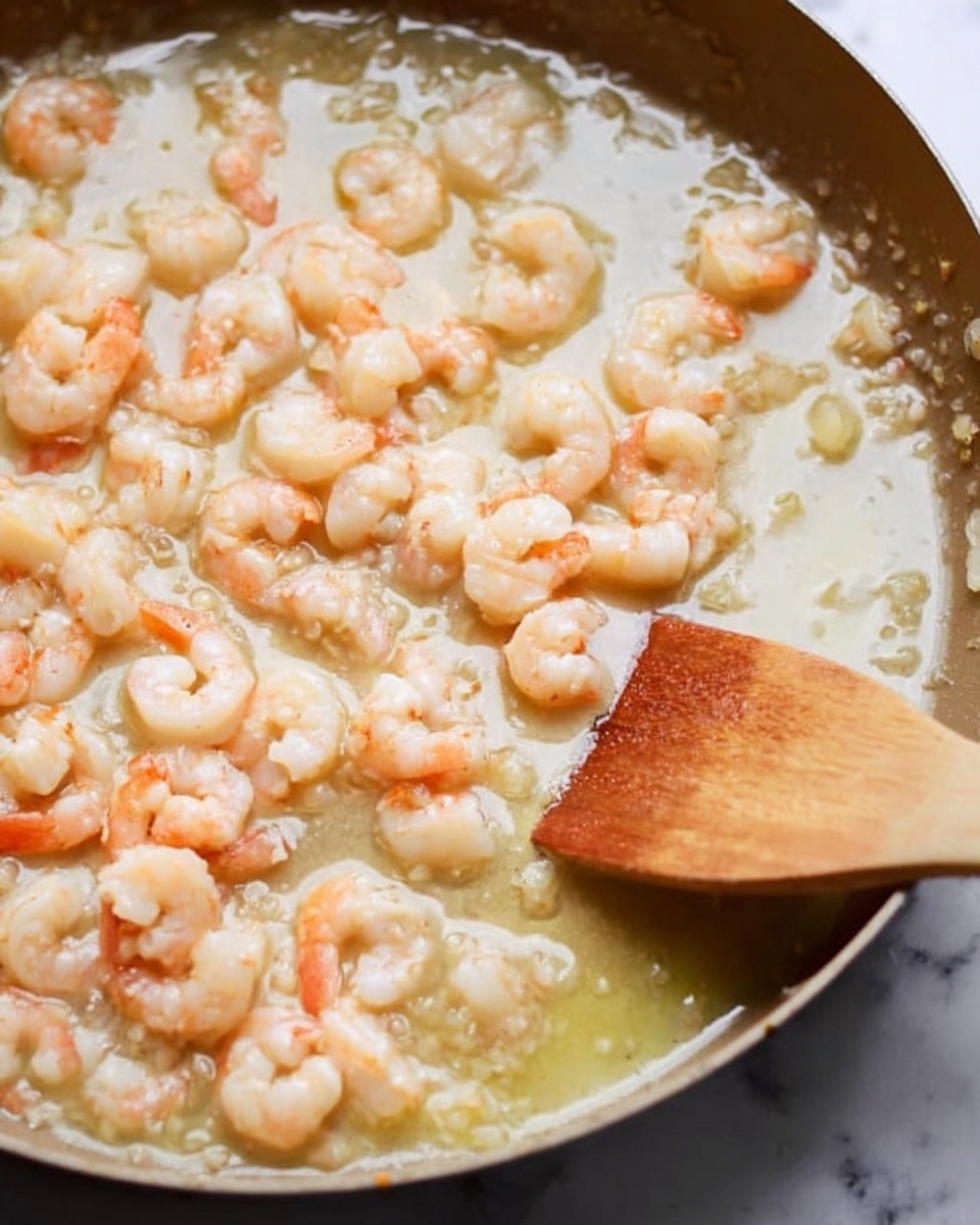 A close-up view of tiny light pink shrimp cooking in a pan filled with a thin, shiny, light yellow liquid. The shrimp are scattered evenly across the pan, with some pieces showing a slight orange tint. A wooden spatula with a smooth texture rests on the right side of the pan, partly submerged in the liquid. The background surface has a white marbled texture. photo taken with an iphone --ar 4:5 --v 7
