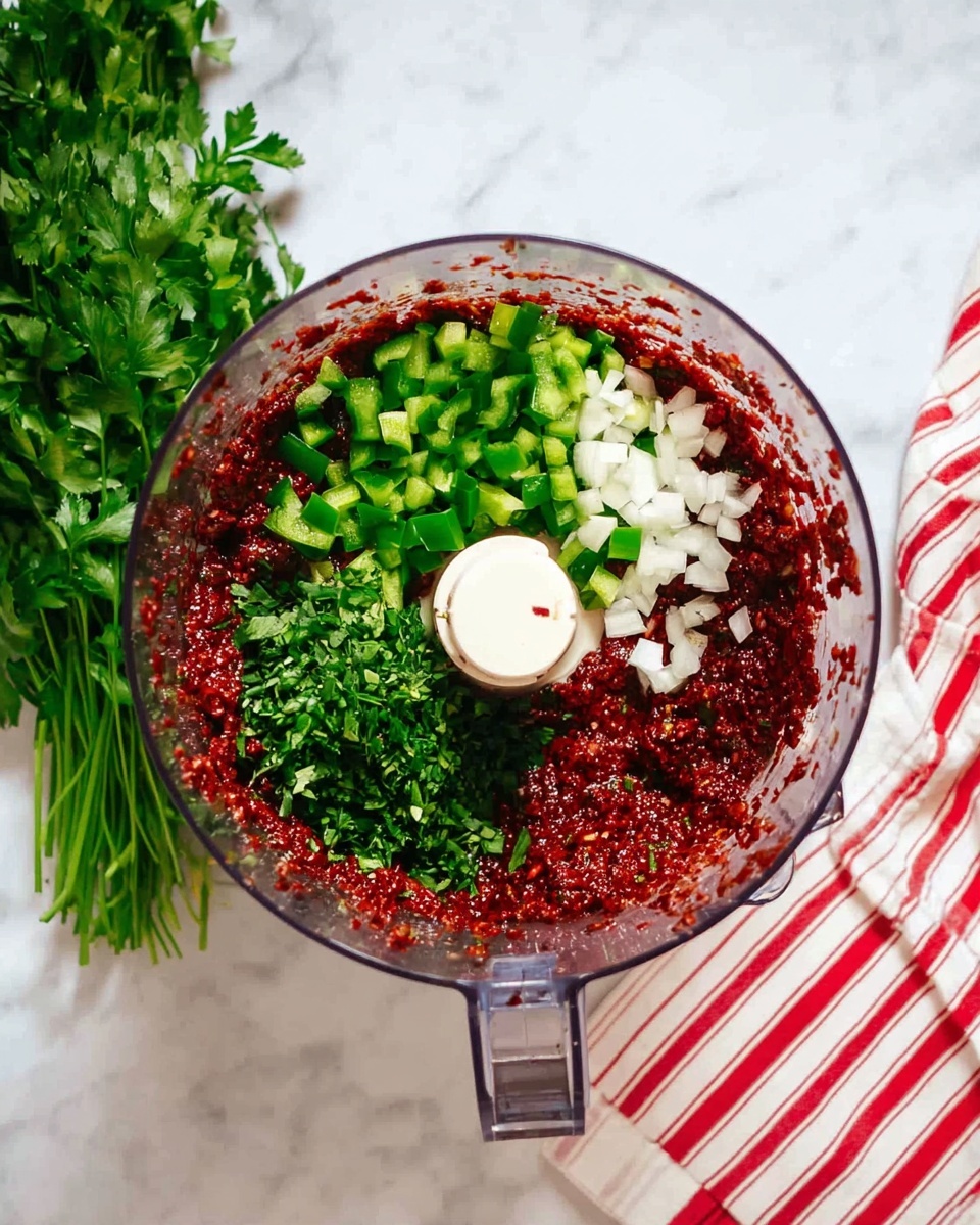 A clear food processor bowl shows a thick, dark red base with a rough texture filling most of the bowl. On top, there are three layers of vegetables: bright green chopped bell peppers mostly in the center, fresh light green chopped herbs on one side, and small white chopped pieces, possibly onions, on the other side. The food processor is placed on a white marbled surface next to a bunch of fresh green herbs on the left and a white and red striped cloth on the right. The photo taken with an iphone --ar 4:5 --v 7