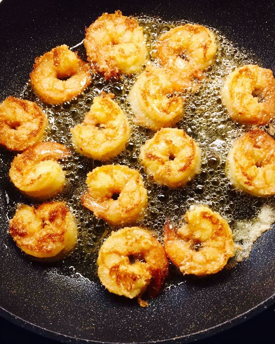 The image shows a black frying pan with about thirteen pieces of shrimp frying in hot oil. Each shrimp is golden yellow with a light crispy texture and slight browning on top. The shrimp are arranged randomly but mostly close together, showing some bubbles of sizzling oil around them, giving a shiny, oily surface. The pan itself is dark with a slightly grainy texture and has a small amount of oil spread evenly in the center area. photo taken with an iphone --ar 4:5 --v 7