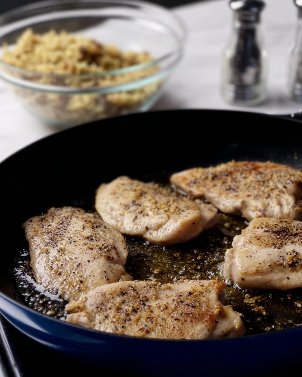A close-up view of four seasoned chicken pieces cooking in a dark blue cast iron pan. The chicken pieces are light brown with a textured, slightly crispy surface, showing some specks of black pepper. The pan has a shiny oily layer around the chicken, hinting at the cooking process. In the background, there is a clear glass bowl filled with a crumbly, golden-brown stuffing, sitting on a white marbled surface. Two clear salt and pepper grinders are blurred behind the bowl. The light source creates soft highlights on the pan and the chicken. photo taken with an iphone --ar 4:5 --v 7