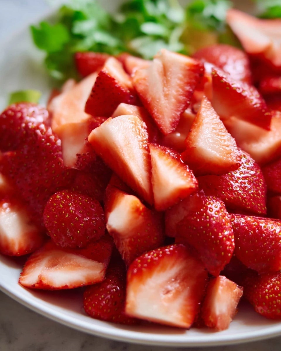The image shows a close-up of many sliced strawberries piled together. The strawberries are cut into thick triangular pieces with bright red outer skin and light pink inside. The seeds on the red skin are small and visible, adding texture to the surface. In the background, there are blurred green strawberry leaves that add contrast to the red fruit. All the strawberries sit on a white plate placed on a white marbled surface. photo taken with an iphone --ar 4:5 --v 7
