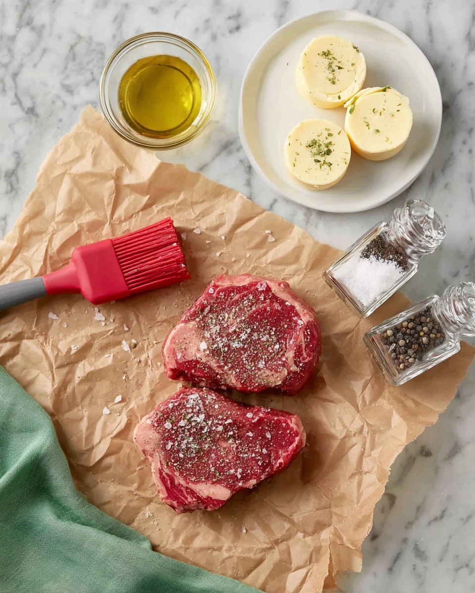 Two raw red steaks sprinkled with coarse salt and black pepper sit centered on a piece of crumpled brown paper, which rests on a white marbled surface. Above the steaks is a small white plate holding four round slices of pale yellow butter with green herb flecks. To the left of the steaks is a small clear glass bowl filled with light golden oil, beside which lies a red silicone basting brush with a dark gray handle. To the right of the steaks are two clear glass grinders, one with black peppercorns and the other with coarse salt. Part of a green cloth is visible in the bottom left corner. Photo taken with an iphone --ar 4:5 --v 7