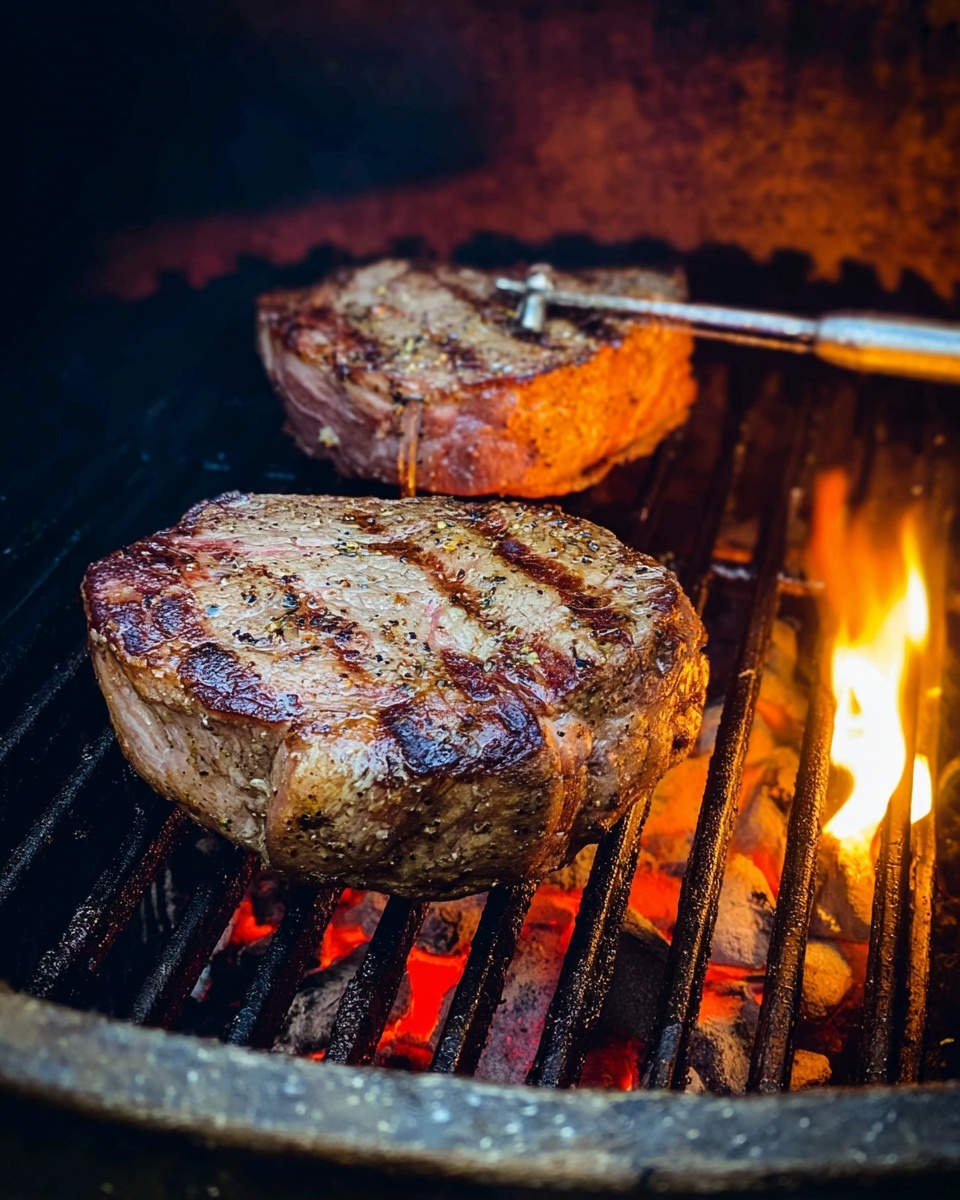 Two thick pieces of steak sit on a black grill with glowing orange and red charcoal underneath, one larger steak in the front with a silver meat thermometer inserted, and one smaller steak behind it. Both steaks have a slightly charred, light brown outer layer with some visible pepper seasoning and grill marks. Bright yellow-orange flames flicker in the lower right corner of the grill’s interior, which is dark with a rough texture. photo taken with an iphone --ar 4:5 --v 7