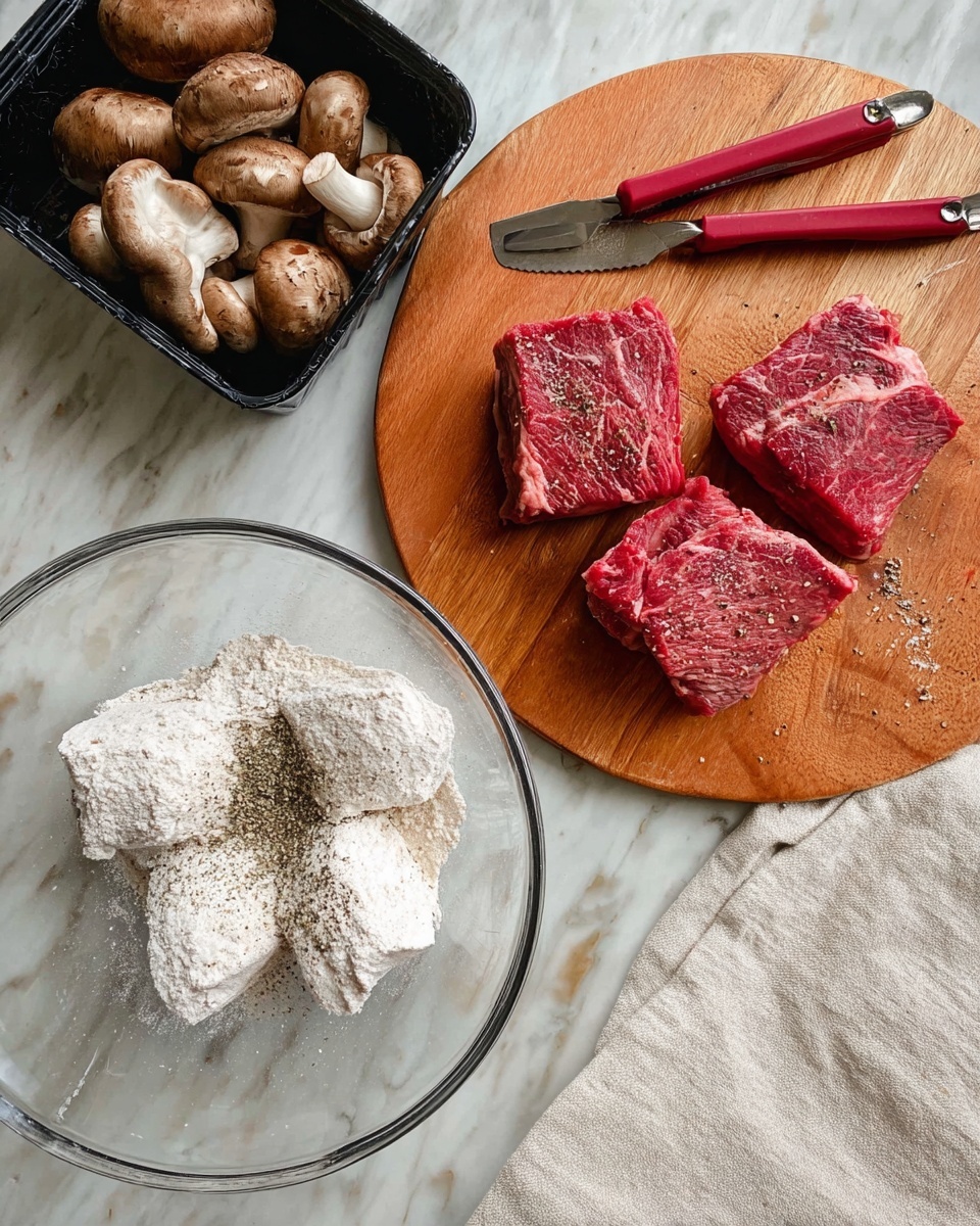 The image shows three thick pieces of raw red steak sprinkled with black and white seasoning on a round wooden cutting board in the top right corner. Below to the left, there is a clear glass bowl with three pieces of steak coated lightly in white flour, along with red tongs resting on the bowl's edge. At the top left, a black plastic container holds several whole brown mushrooms. The entire scene is laid out on a white marbled surface, and a light beige cloth is partially visible in the bottom right corner. Photo taken with an iphone --ar 4:5 --v 7