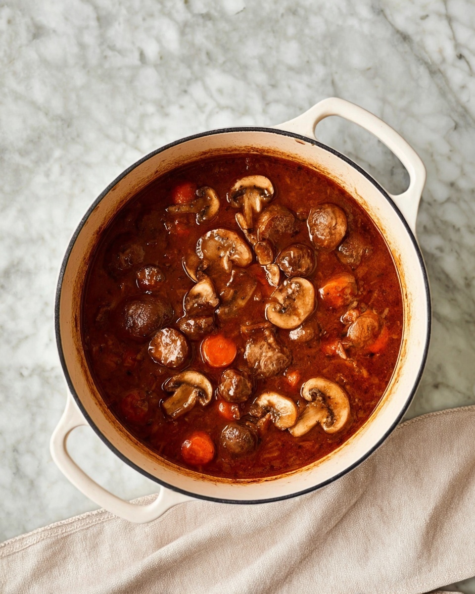 A white pot with two handles is filled with a rich brown-red stew, visible thick with sliced mushrooms and chunks of carrots floating on the surface, the texture looks dense and hearty with the stew coating parts of the pot’s interior. The pot sits on a white marbled surface with subtle gray veins, and a light beige cloth is partially visible at the bottom right corner of the image. photo taken with an iphone --ar 4:5 --v 7