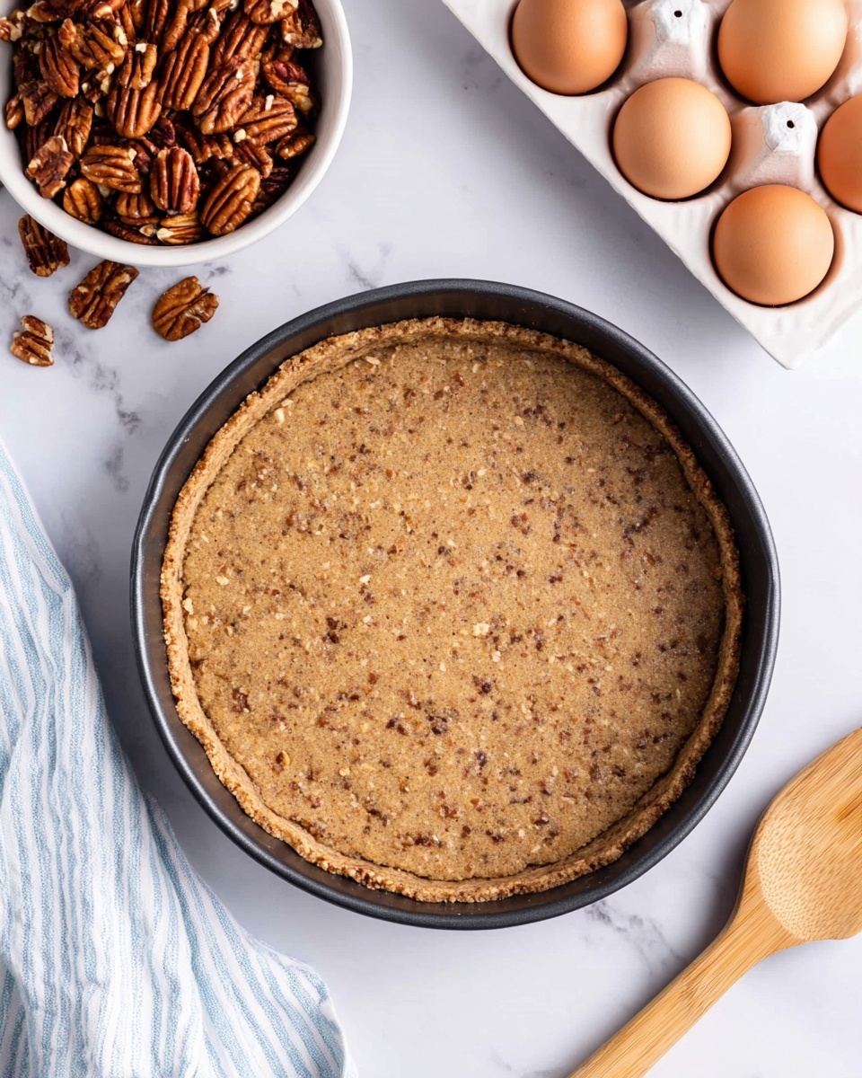 The image shows a round pie crust pressed into a black springform pan, with a light brown texture that includes small pieces of pecans spread evenly throughout the dough. Surrounding the pan, there is a bowl of whole pecans on the top left, a white tray holding six brown eggs on the top right, and a wooden spoon resting on the white marbled surface at the bottom right. A white and blue striped cloth towel is partly visible at the bottom left. The overall setting is clean and minimal with a white marbled background. photo taken with an iphone --ar 4:5 --v 7