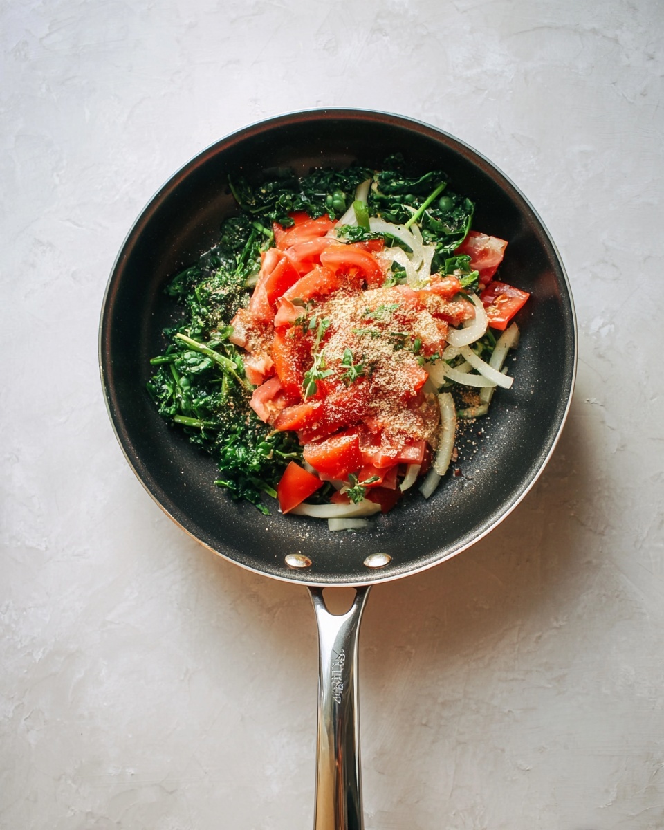 A black frying pan with a silver handle resting on a white marbled surface contains a colorful mix. The bottom layer is made of dark green leafy vegetables with a fresh texture, topped with pale white sliced onions. On top of these, bright red tomato wedges are scattered, adding a juicy and soft look. A fine layer of light brown powder is sprinkled over the tomato and greens. Small green herb leaves are placed among the layers for freshness. The photo taken with an iphone --ar 4:5 --v 7