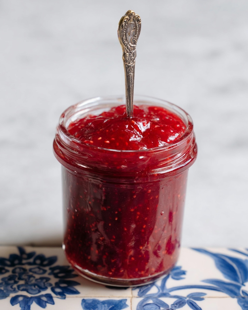 The image shows two slices of toasted bread placed on crumpled parchment paper on a wooden board with a rope loop, sitting on a white marbled surface with blue floral tile patterns. Each slice has a thick white creamy layer and a bright red jam spread unevenly on top. Above the slices is a clear glass jar filled with the same red jam and a spoon inside. To the left, there is a small white plate with a smooth light yellow butter spread. The lower part of the image shows a partially visible jar of the red jam. photo taken with an iphone --ar 4:5 --v 7