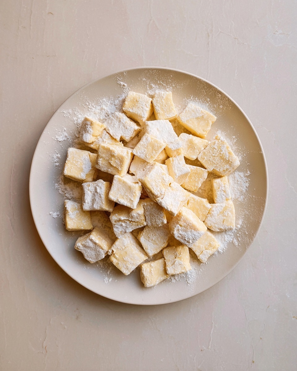 A white plate filled with many small, uneven square pieces of dough dusted lightly with white flour. The dough pieces are pale yellow with a soft, slightly powdery texture and are spread loosely across the plate. The plate sits on a white marbled surface. photo taken with an iphone --ar 4:5 --v 7