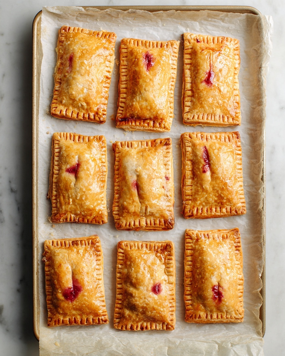 The image shows six rectangular pastries with golden brown, flaky crusts arranged on a gold cooling rack over a pale pink surface with a white marbled texture. Each pastry has a layer of light pink glaze dripped unevenly on top, sprinkled with colorful confetti-like sprinkles including green, purple, pink, yellow, and white shapes. To the right side of the rack is an open jar filled with dark red jam, and below it is a small white bowl filled with more colorful sprinkles. The pastries have visible crimped edges, and the glaze looks smooth and shiny. photo taken with an iphone --ar 4:5 --v 7