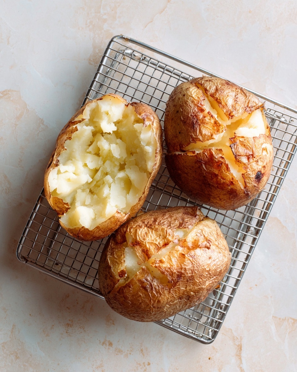 Three baked potatoes with crispy brown skin sit on a table with a white marbled texture. Each potato is sliced open and filled with a mix of sautéed vegetables including pieces of green, yellow, and red bell peppers and caramelized onions. On top of the vegetables, there is melted cheddar cheese with a stringy texture, followed by dollops of red tomato salsa and white sour cream. The potatoes are garnished with bright green jalapeño slices and chopped green onions, adding sharp contrast to the dish. Photo taken with an iphone --ar 4:5 --v 7