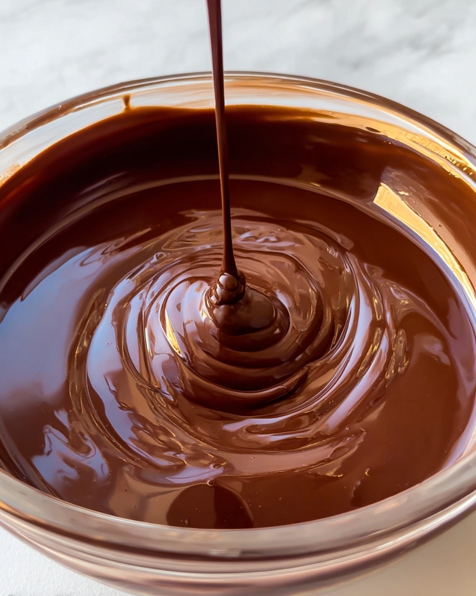 A close-up view of a glass bowl filled with a thick, smooth liquid chocolate. The chocolate is glossy with rich dark brown color and shows gentle ripples and waves on its surface. A thin stream of chocolate is pouring straight down into the center of the bowl, creating a small swirl and soft reflections of light on the liquid. The bowl sits against a white marbled texture background, enhancing the deep brown of the chocolate. Photo taken with an iphone --ar 4:5 --v 7