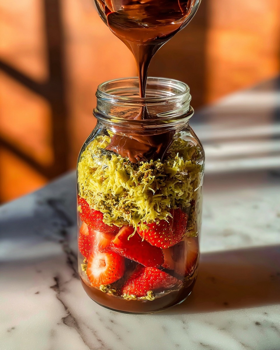 This image shows a clear glass jar filled with layers of food. At the bottom, there are pieces of bright red strawberries. Above the strawberries, there is a thick layer of greenish-yellow shredded or grated ingredients, which look textured and slightly messy. On top of this, another layer of strawberries is visible. The jar is then topped with more of the shredded green layer. A rich, dark chocolate sauce is being poured over the top, slowly dripping down the sides of the jar. The jar sits on a white marbled surface, and warm sunlight creates soft shadows and highlights around it. Photo taken with an iphone --ar 4:5 --v 7