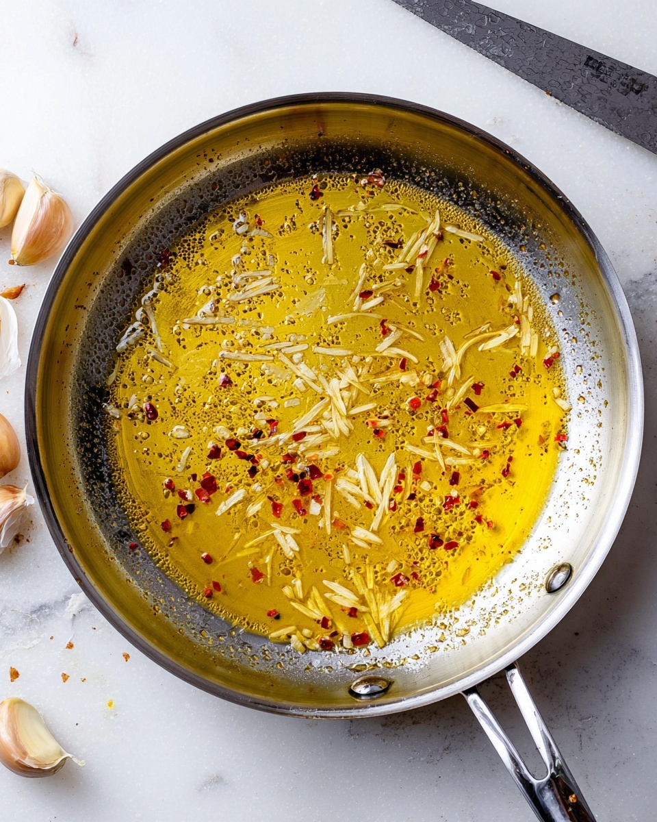 A stainless steel pan filled with a layer of golden-yellow oil, scattered with thin, pale yellow strips of garlic and small pieces of red chili flakes floating on the surface. The oil has a shiny, smooth texture with slight bubbles. The pan sits on a white marbled surface, with a sharp knife on the upper left and some garlic cloves in the lower left corner near the edge of the pan. Photo taken with an iphone --ar 4:5 --v 7