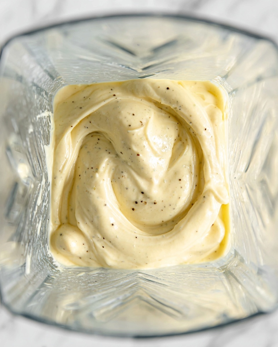 The image shows a close-up view of thick, creamy mixture inside a clear blender container. The creamy mixture is pale yellow with small black pepper specks evenly spread throughout. The texture looks smooth and rich with gentle swirls and folds created by blending. The transparent blender jar’s four corners are visible, giving the mixture a container shape that is square at the base. The overall setting is bright with a white marbled texture as the background. photo taken with an iphone --ar 4:5 --v 7