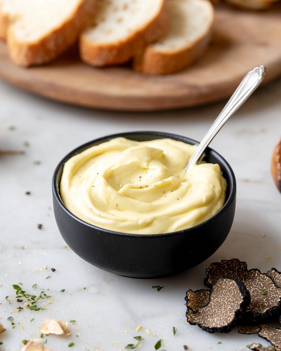 The image shows a slice of rustic bread with a bite taken out of the bottom left side. The bread is topped with a creamy, pale yellow spread that looks smooth and thick. On top of the spread are three thin slices of light brown truffle with dark edges and a delicate veined pattern. A few grains of coarse sea salt are scattered on the spread. In the background, there is a black bowl filled with more of the creamy spread, placed on a white marbled surface. Small bits of the spread and some scattered salt crystals can be seen around the bread. Photo taken with an iphone --ar 4:5 --v 7