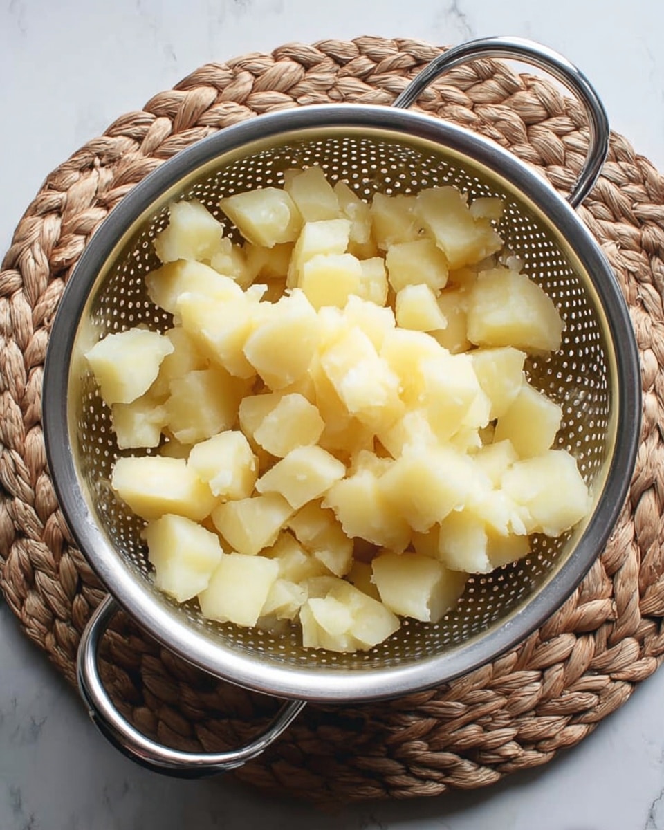 A silver metal colander filled with large chunks of cooked, peeled, pale yellow potatoes. The colander sits on a round woven mat that rests on a white marbled surface. The potatoes have a soft texture with some irregular shapes and smooth edges. Photo taken with an iphone --ar 4:5 --v 7