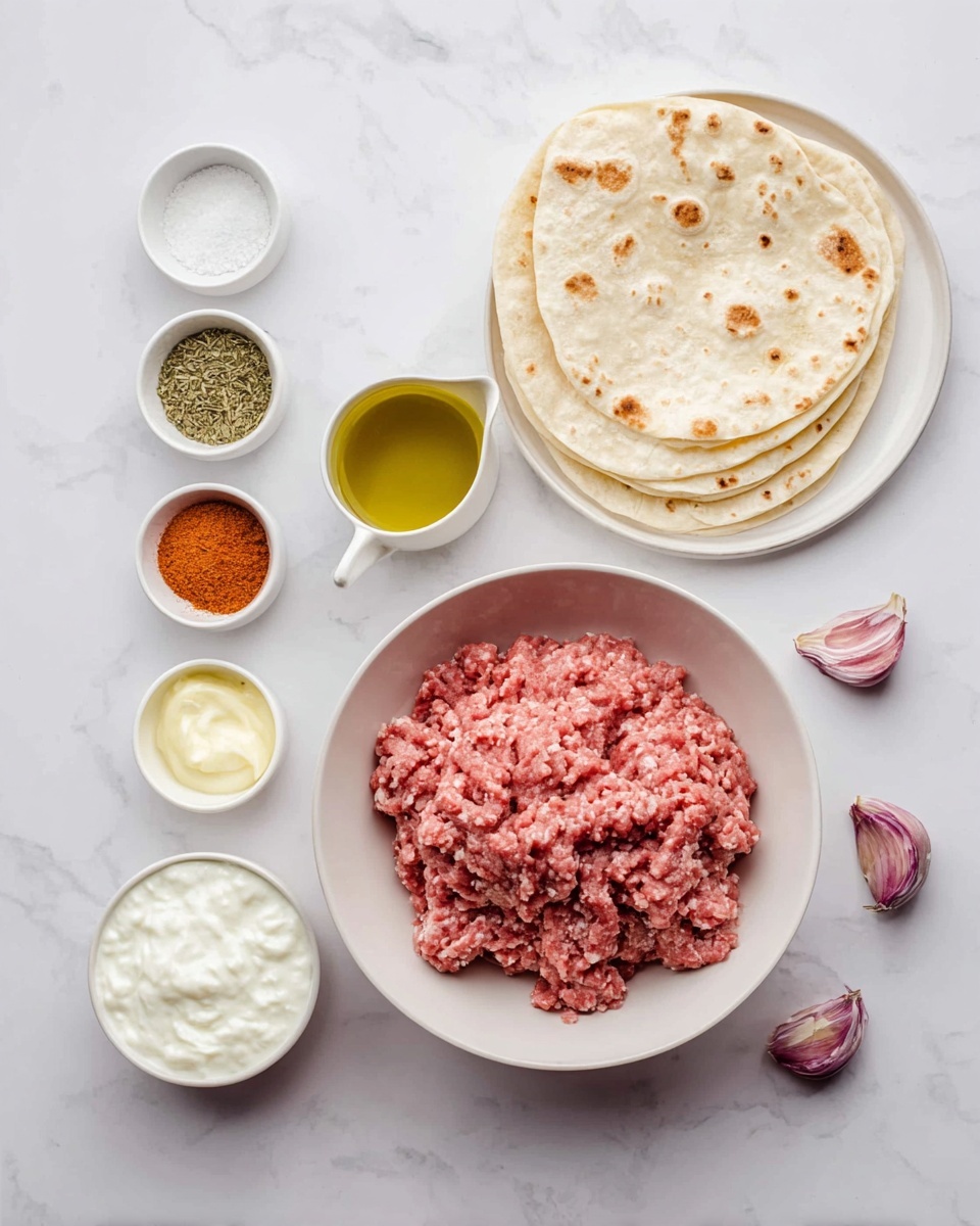 Two wraps sit on a wooden board over a white marbled surface, each filled with three layers: the bottom layer is slices of browned meat, the middle layer is vibrant purple cabbage shreds and fresh green lettuce, and the top layer includes halved red cherry tomatoes, sliced green cucumber, and a drizzle of white creamy sauce with black pepper sprinkled. The soft wraps have a light golden color with small brown spots and are wrapped loosely to show the colorful filling inside. In the background, lemon wedges rest on the board. photo taken with an iphone --ar 4:5 --v 7