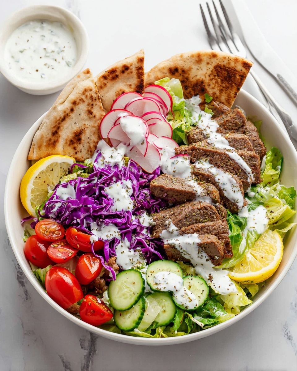 A white bowl filled with a colorful layered salad. The bottom layer includes green lettuce and thin slices of purple cabbage on opposite sides. Thinly sliced cucumber and halved cherry tomatoes are scattered around the lettuce. On top of the salad, there are several slices of seasoned brown meat placed near two lemon wedges on one side. Thinly sliced radishes are spread over both the cabbage and lettuce layers. Three pieces of toasted flatbread are arranged against the edge of the bowl. White creamy dressing is drizzled over the salad and meat, with visible black pepper sprinkled on top. The bowl is on a white marbled surface, with a small white dipping bowl of dressing and two forks nearby. Photo taken with an iphone --ar 4:5 --v 7