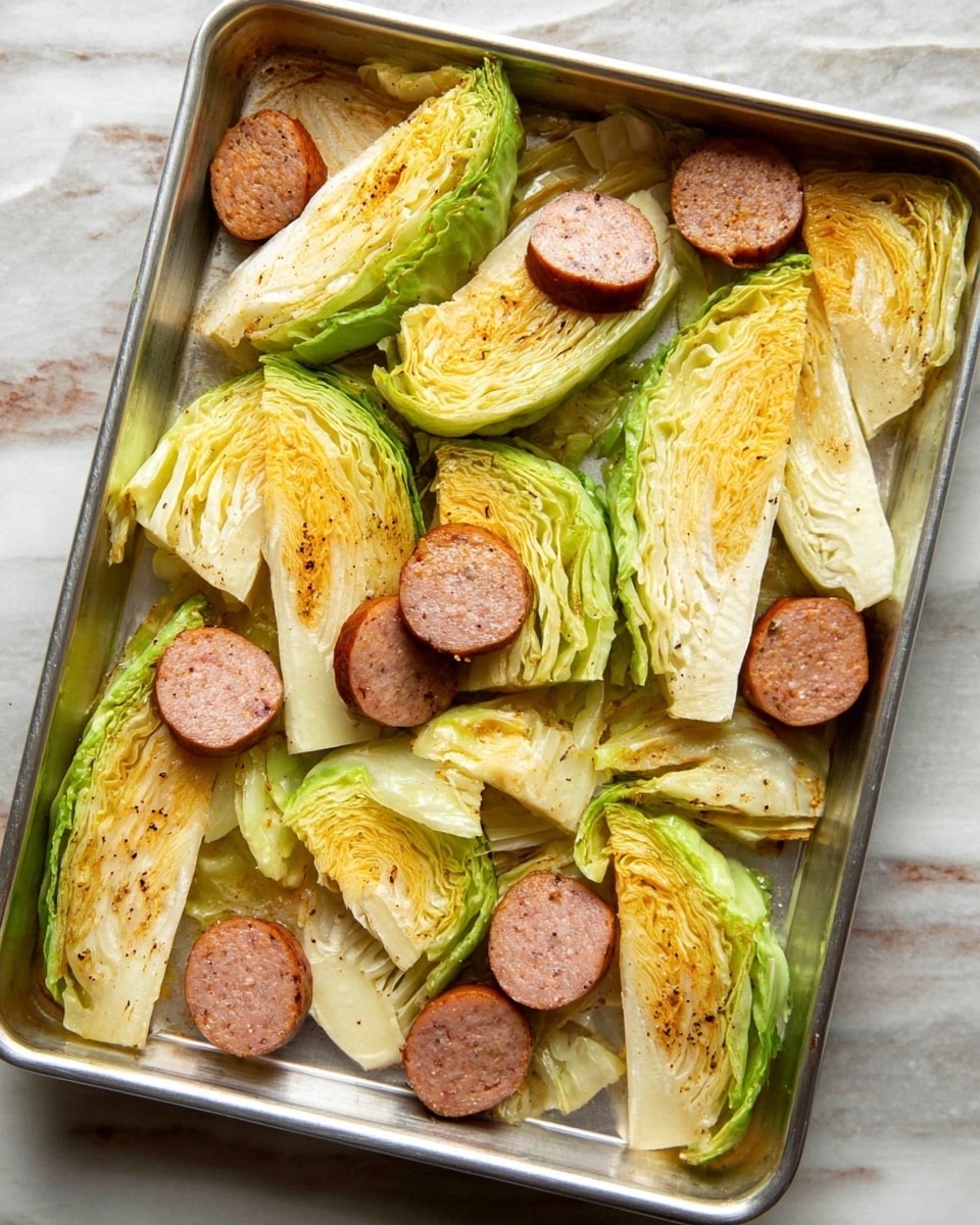 A rectangular metal tray holds several wedges of cabbage with light green outer leaves and pale yellow inner layers, some parts showing a light brown char from roasting. Alongside the cabbage wedges, there are thick slices of sausage in different sizes, with a pinkish-brown color and a speckled texture. The cabbage wedges and sausage pieces are spread evenly across the tray on a white marbled surface background, showing a mix of soft and crispy textures. photo taken with an iphone --ar 4:5 --v 7