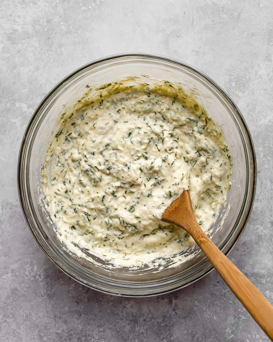 A clear glass bowl filled with a thick, creamy mixture that is off-white in color, dotted with small green herb pieces and some darker specks mixed throughout. The texture looks slightly chunky with visible leafy bits spread evenly. A wooden spoon with a smooth texture is resting inside the bowl on the right side, partially submerged in the mixture. The bowl is sitting on a white marbled surface. photo taken with an iphone --ar 4:5 --v 7