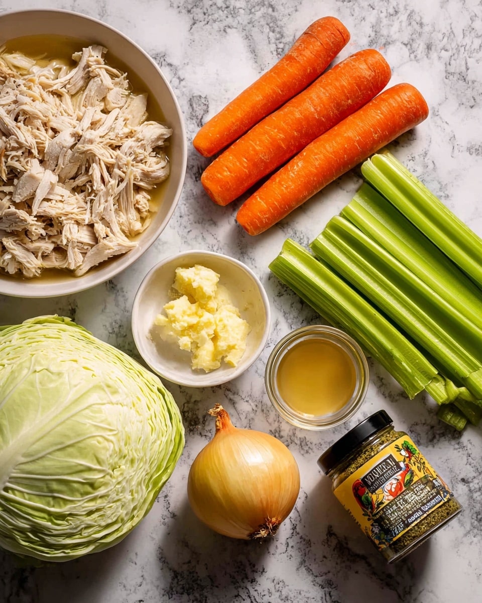 The image shows ingredients for a chicken soup laid out on a white marbled surface. There is a large white bowl filled with shredded cooked chicken, showing a light beige texture. Next to it are three bright orange carrots with a smooth surface, and several fresh green celery stalks with light green veins. A whole yellow onion with a dry outer skin is placed near the center. To the side, a whole pale green cabbage head with tightly packed leaves is visible. A small white bowl holds a block of yellow butter and a pale yellow mound of minced garlic. There is also a small glass container with a light golden liquid, a black bottle of Italian herbs with mixed green and brown dried leaves, and a yellow jar of organic chicken broth with a colorful label. photo taken with an iphone --ar 4:5 --v 7