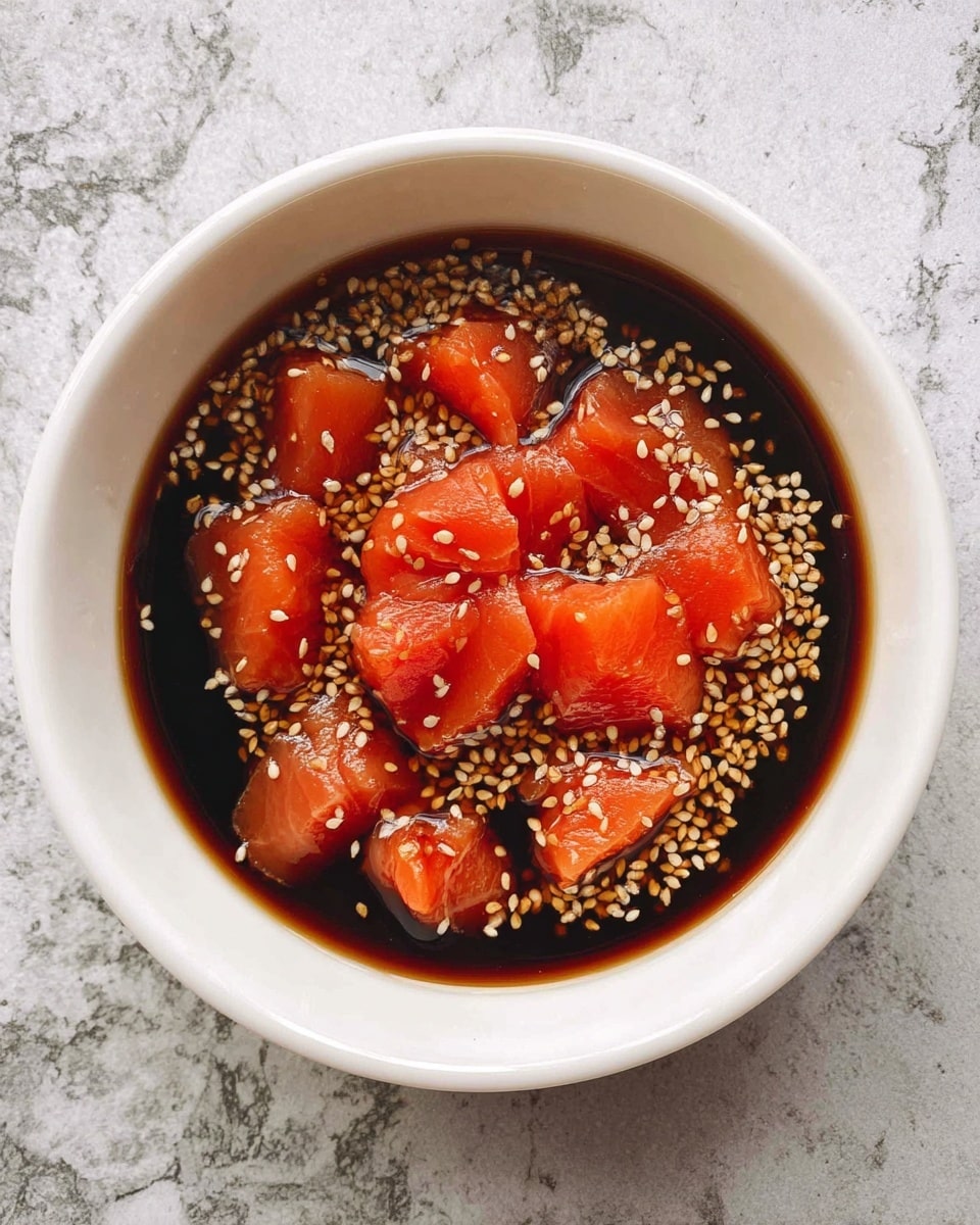 A white bowl filled with dark brown soy sauce as the base layer, sprinkled generously with pale tan sesame seeds floating on top. Small chunks of bright orange raw salmon with smooth, shiny edges are scattered across the surface, partially submerged in the soy sauce. The background shows a white marbled texture. photo taken with an iphone --ar 4:5 --v 7