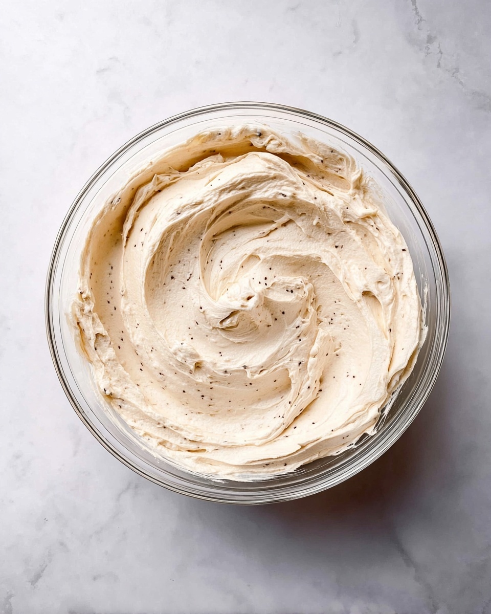 A clear glass bowl sits on a white marbled surface, filled with a single thick layer of creamy light beige mixture with tiny dark specks. The mixture looks smooth and fluffy, with swirls and soft peaks showing a whipped texture. The bowl is round, and the view is from above, clearly showing the even spread of the mixture inside. photo taken with an iphone --ar 4:5 --v 7