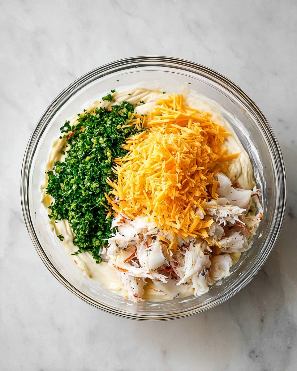 A clear glass bowl sits on a white marbled surface, filled with four visible layers. The bottom layer is a smooth, creamy white base. On top of this, there are three separate piles: finely chopped green herbs on the left, shredded orange cheddar cheese on the right, and chunks of cooked white crab meat with slight brown edges at the bottom. The colors and textures are distinct and fresh, all ready to be mixed together. Photo taken with an iphone --ar 4:5 --v 7