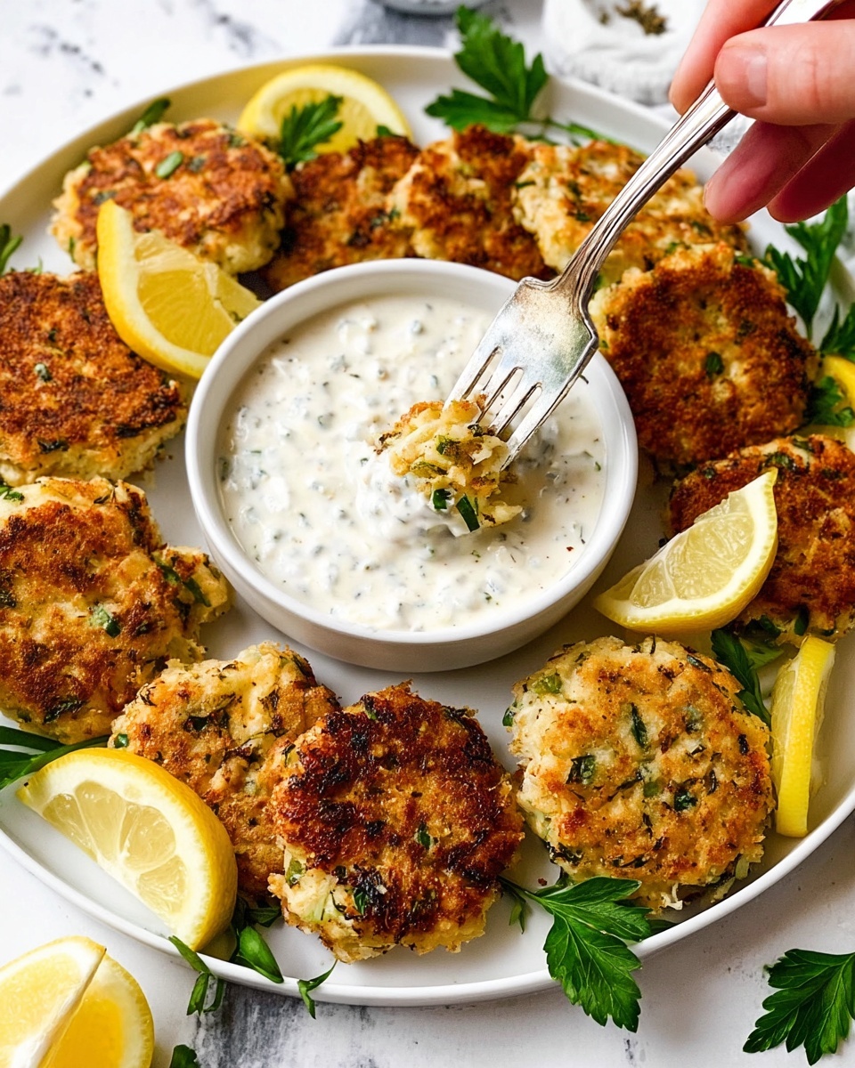 A white tray with a layer of golden-brown crab cakes scattered around the edges, each cake showing small green herb pieces within and a crispy texture on the outside. In the center, a white bowl filled with creamy white tartar sauce, speckled with bits of herbs and onions. A silver fork held by woman's hand dips a piece of crab cake into the sauce. Around the crab cakes, there are bright yellow lemon wedges and fresh green parsley leaves placed on a white marbled surface. Photo taken with an iphone --ar 4:5 --v 7