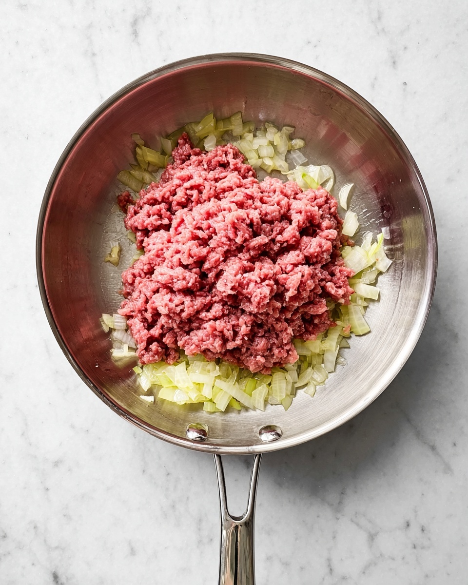 Inside a shiny silver pan on a white marbled surface, there are two main layers: a base layer of light yellow chopped onions spread evenly, topped with a pile of raw ground beef in the center, which is deep pink with a soft, coarse texture. The pan has a smooth metallic handle and a looped handle on the opposite side. The overall look is clean and simple, showing the early stage of cooking. Photo taken with an iphone --ar 4:5 --v 7